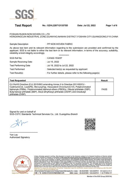 Porcelana FOSHAN RUIXIN NON WOVEN CO.,LTD certificaciones