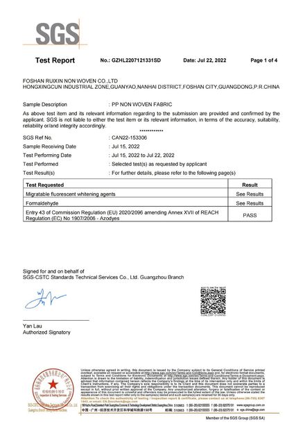Porcelana FOSHAN RUIXIN NON WOVEN CO.,LTD certificaciones