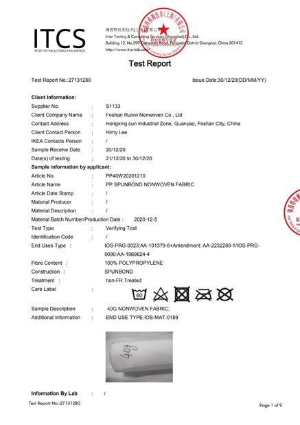 Porcelana FOSHAN RUIXIN NON WOVEN CO.,LTD certificaciones
