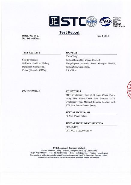 Porcelana FOSHAN RUIXIN NON WOVEN CO.,LTD certificaciones