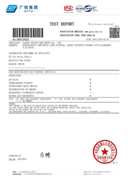 Porcelana FOSHAN RUIXIN NON WOVEN CO.,LTD certificaciones